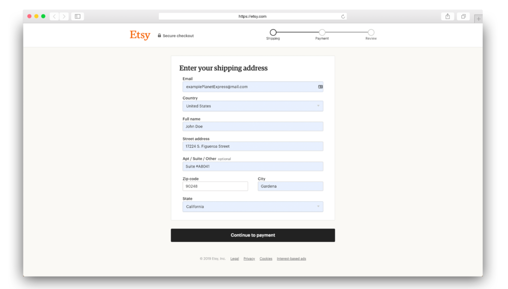 etsy shipping address