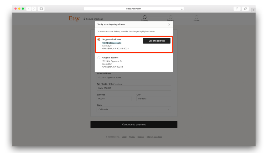 etsy shipping address edited