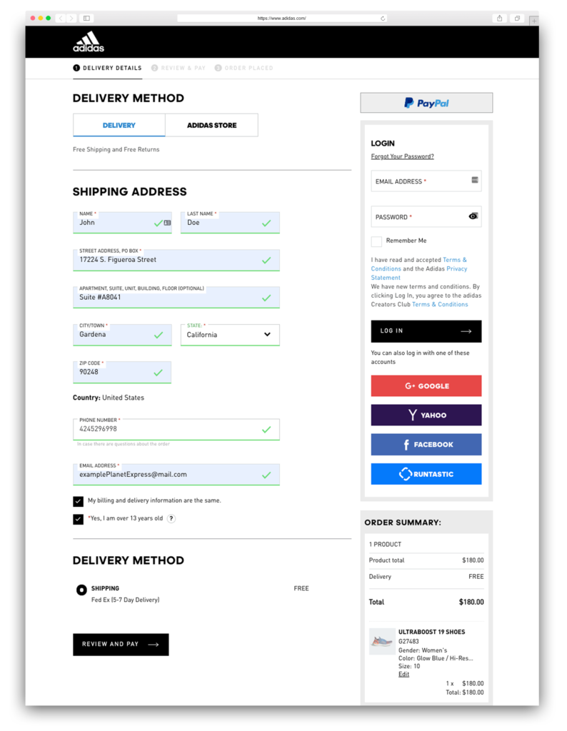 adidas change delivery address