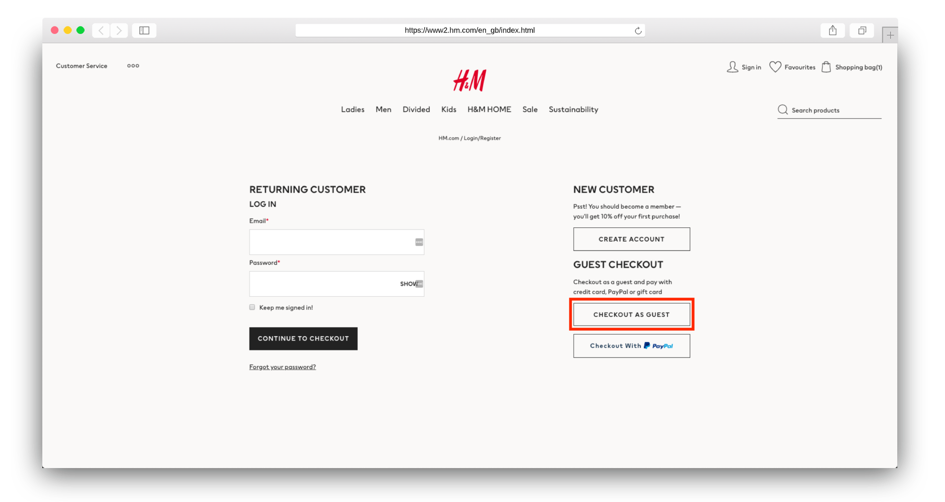HM shop as guest