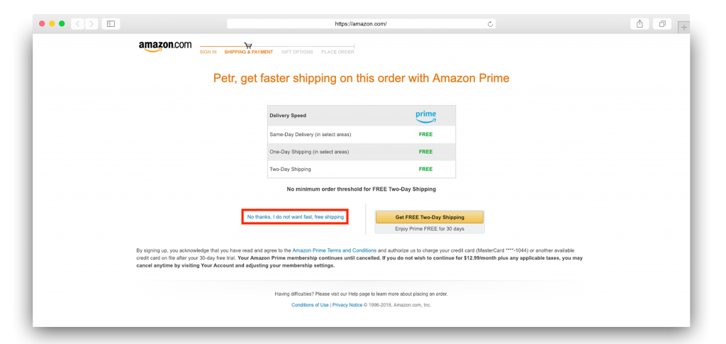 Отклоняем предложение  Amazon Prime