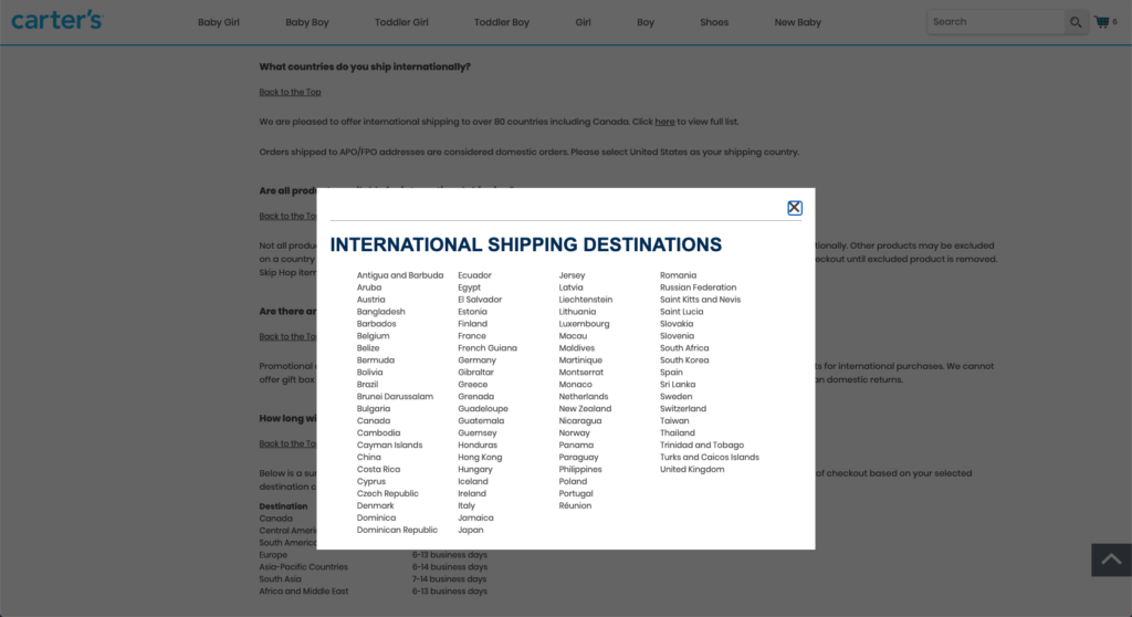 Carters international shipping