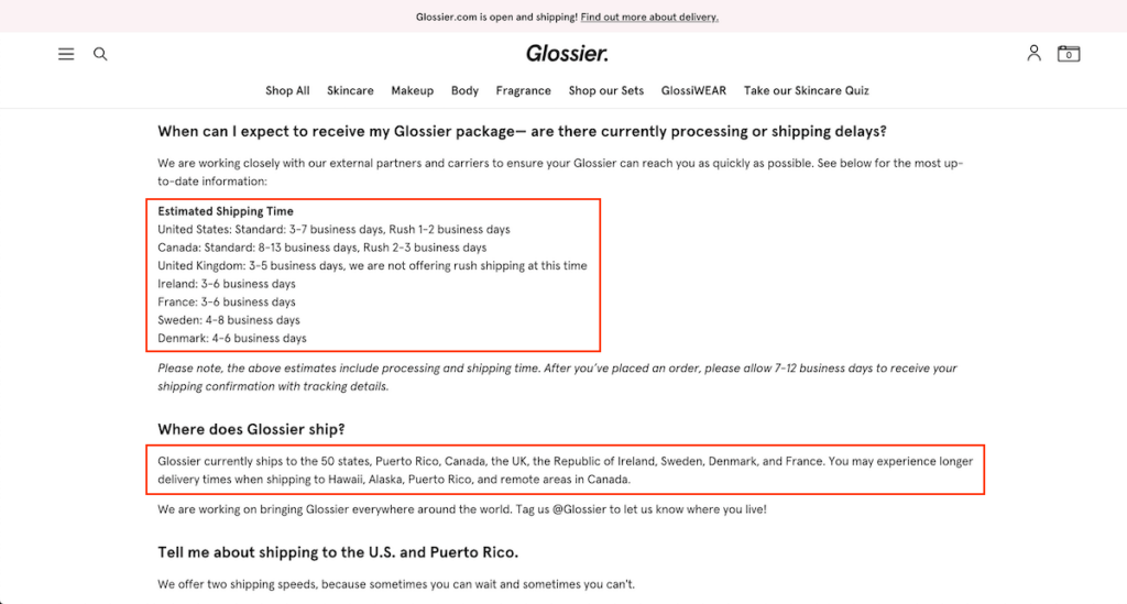 Glossier shipping