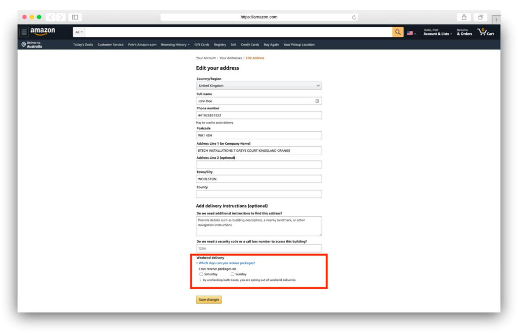 Amazon UK delivery address new
