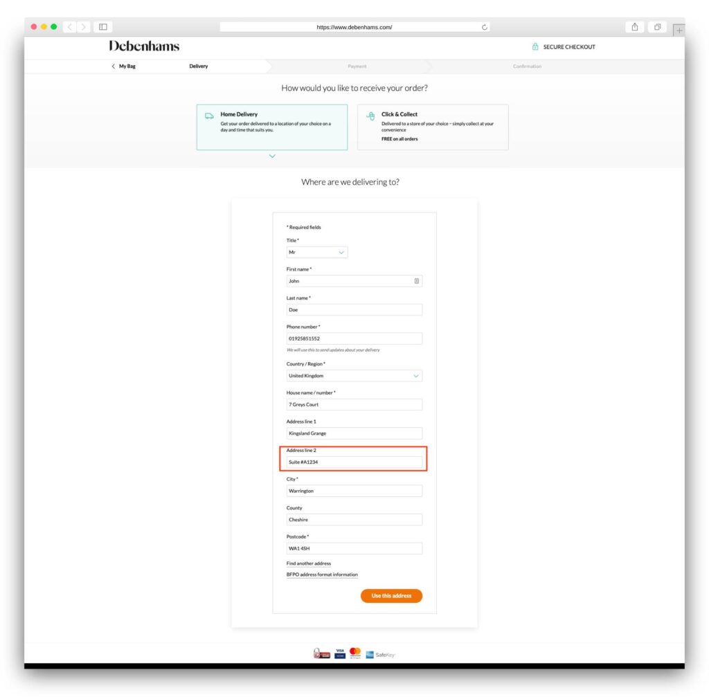 Debenhams UK delivery address new edited
