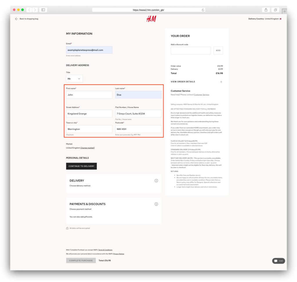 H&m 2025 delivery prices